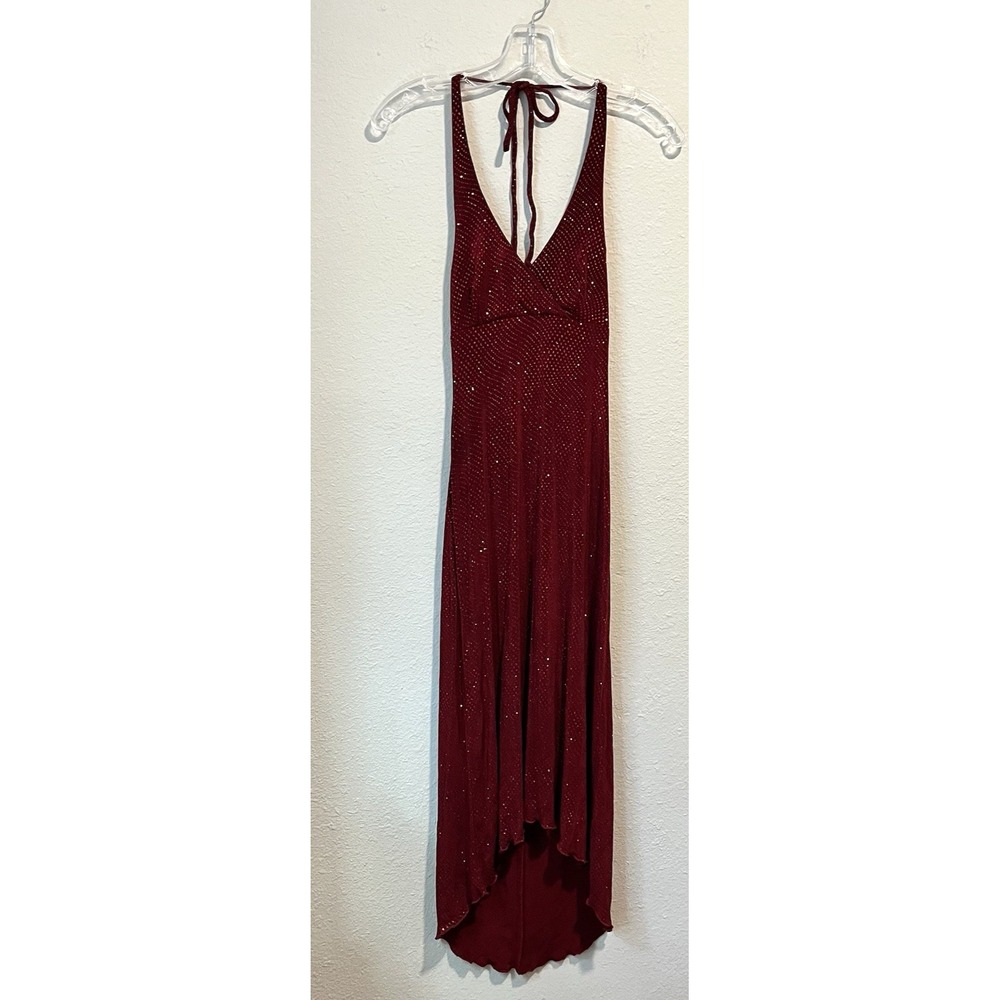 Vintage Y2K Jodi Kristopher Halter Dress Size Medium Red Sparkly High Low